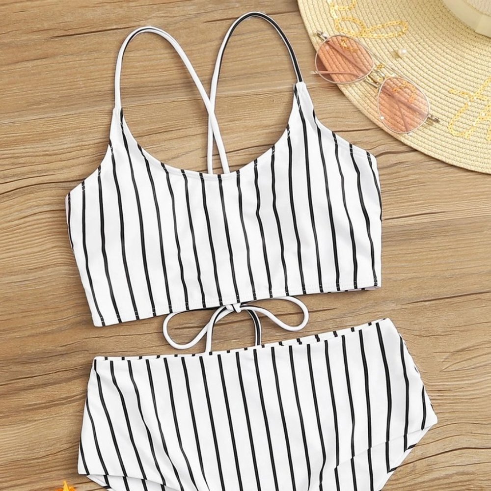 Zaful Striped Criss Cross High Waist Bikini US L